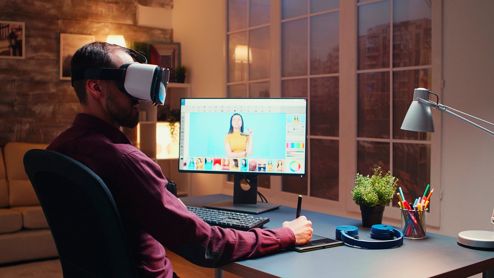 A student wearing a VR headset uses a graphics tablet for AI-powered content creation demonstrating advanced AI tools for students in graphic design and virtual reality learning environments