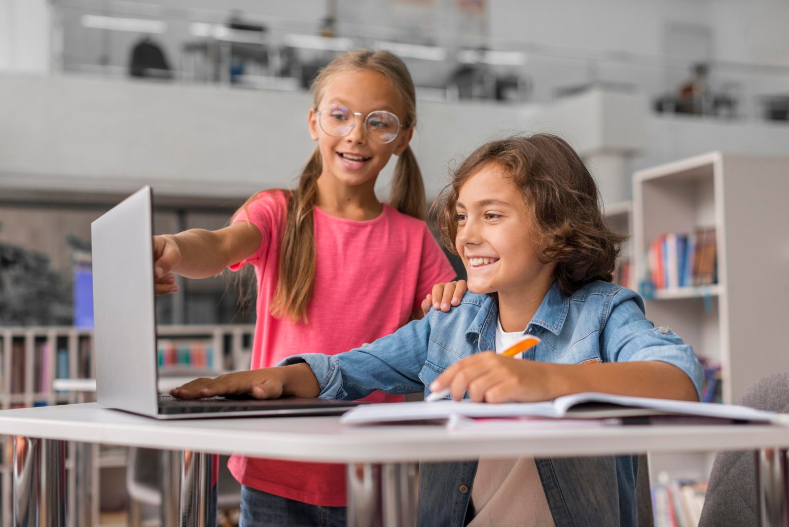 Kids pointing at a screen while studying happy to use modern AI tools for their homework