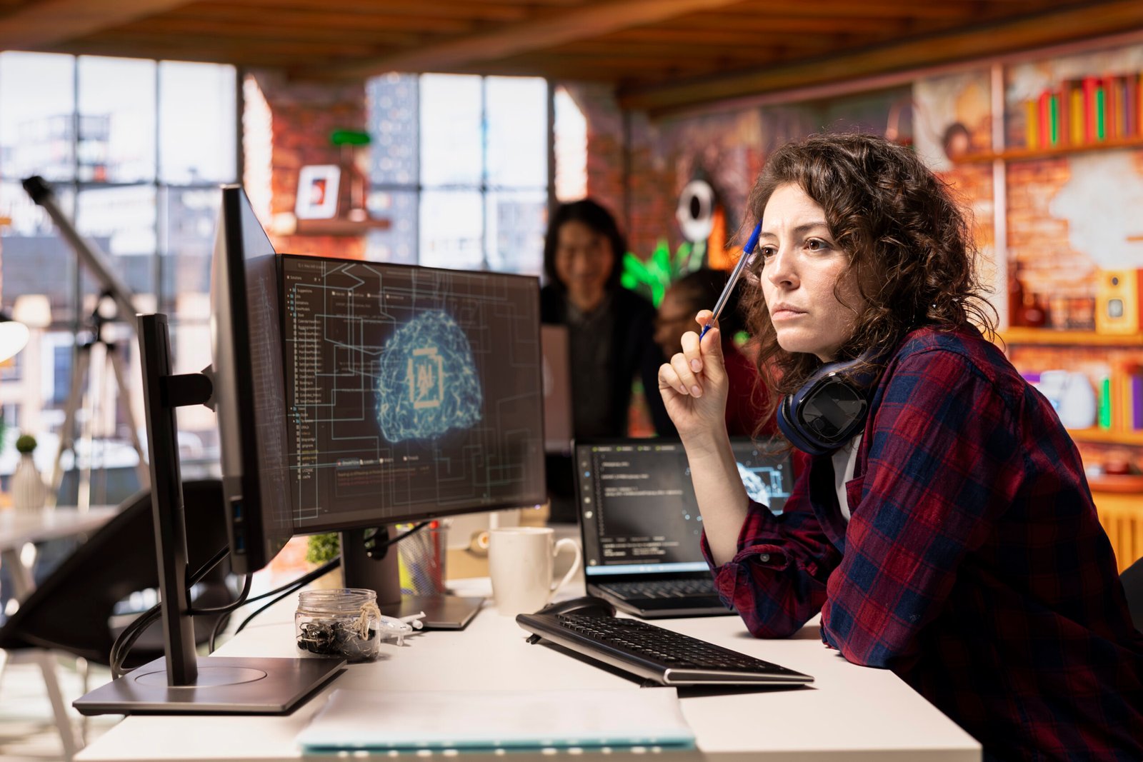 A focused student or developer analyzing complex AI deep learning algorithms on a monitor utilizing the best AI tools for research and coding