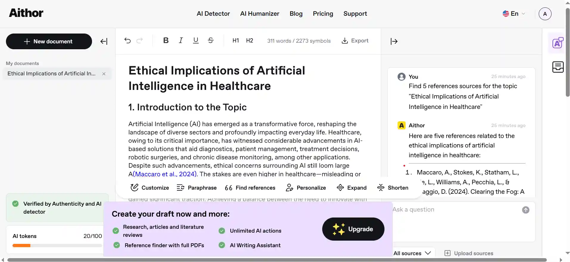 Aithor AI dashboard showing how to generate academic content using this free ai essay writer