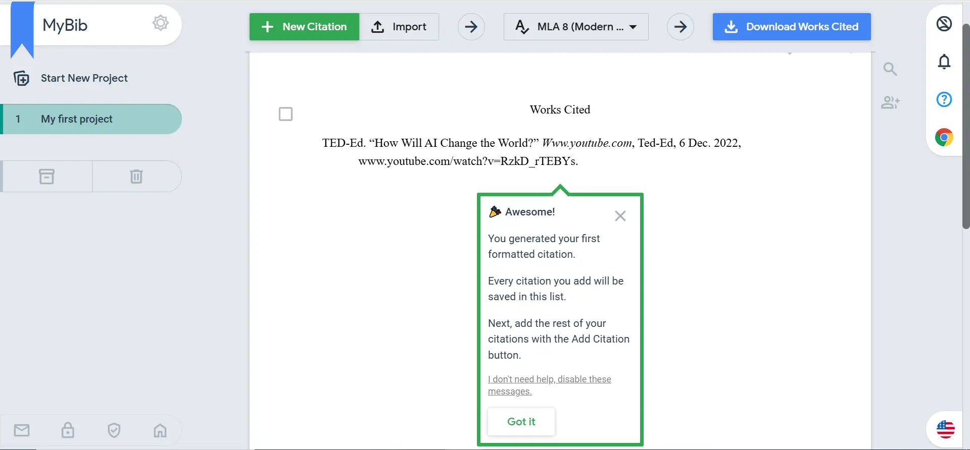 I successfully generated an MLA 8 citation using MyBib, showing its automatic metadata fetch and credibility check features