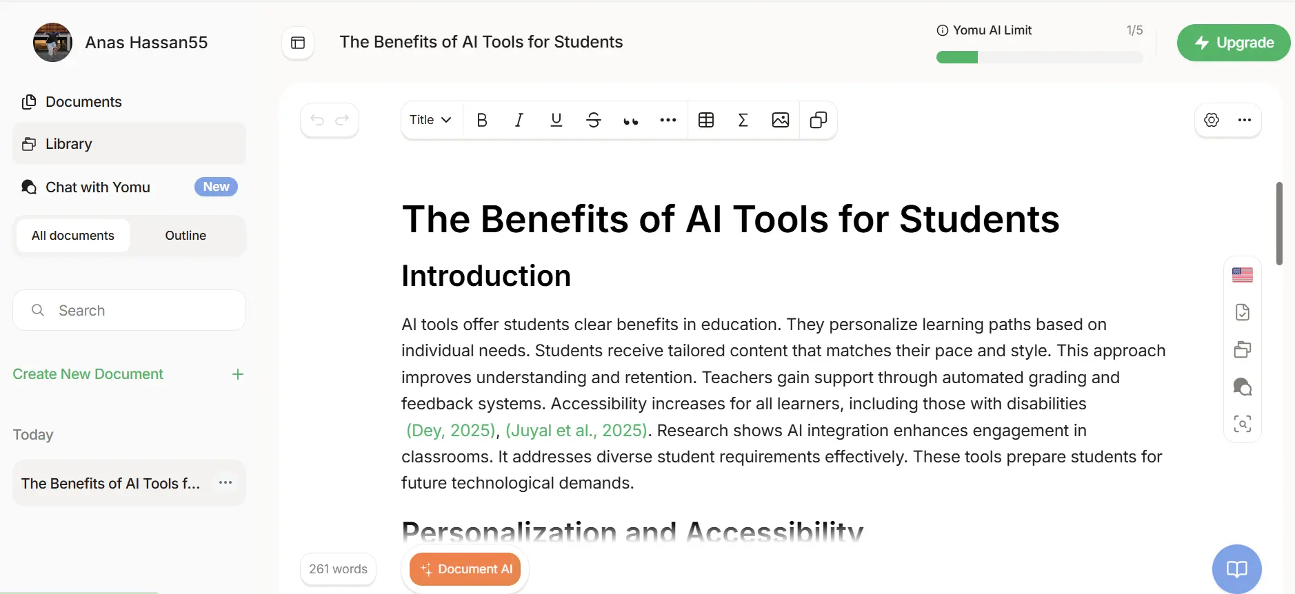 Yomu AI document editor showing AI assisted academic writing and citation features